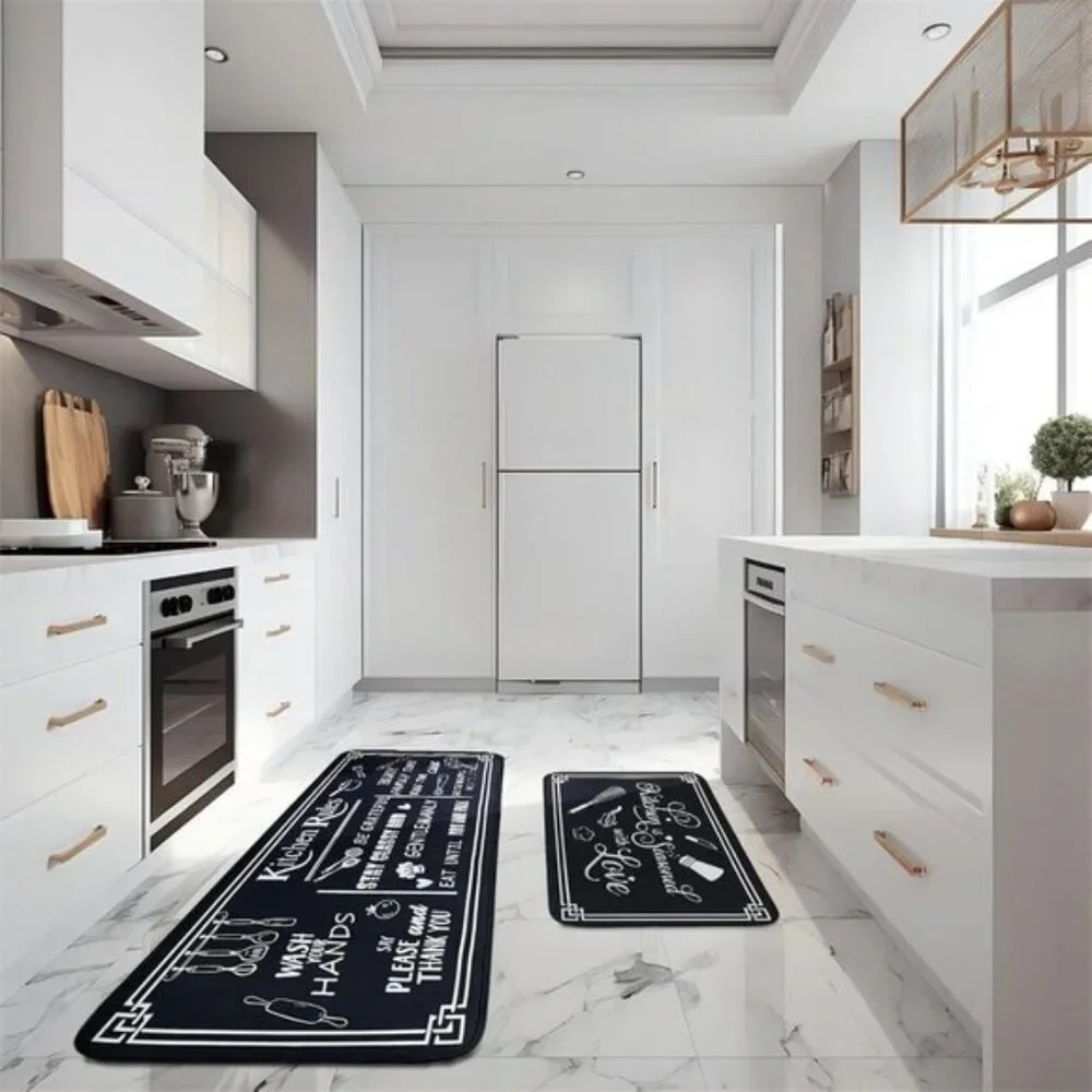New Black and White Kitchen Rugs, Set of 2 Non-Skid Washable Cushioned Mats